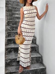 SHEIN Tall Vestido largo envolvente tipo body con rayas burdeos para mujer, ropa de playa