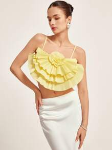 Femmeiva Romantic Layered Ruffled Spaghetti Strap Camisole Top, Elegant & Versatile For Holiday Dates   For Summer - White - View 4