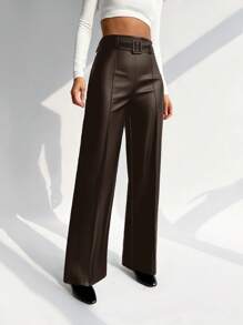 Firerie 女士时尚休闲 PU 纯色高腰直筒裤