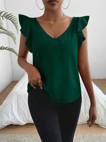 SHEIN Privé Blusa de mujer de unicolor con escote en V y mangas cortas de moda