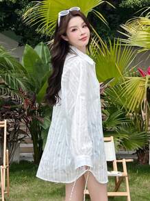 DAZY 女士海滩度假长袖提花开衫休闲罩衫和服罩衫