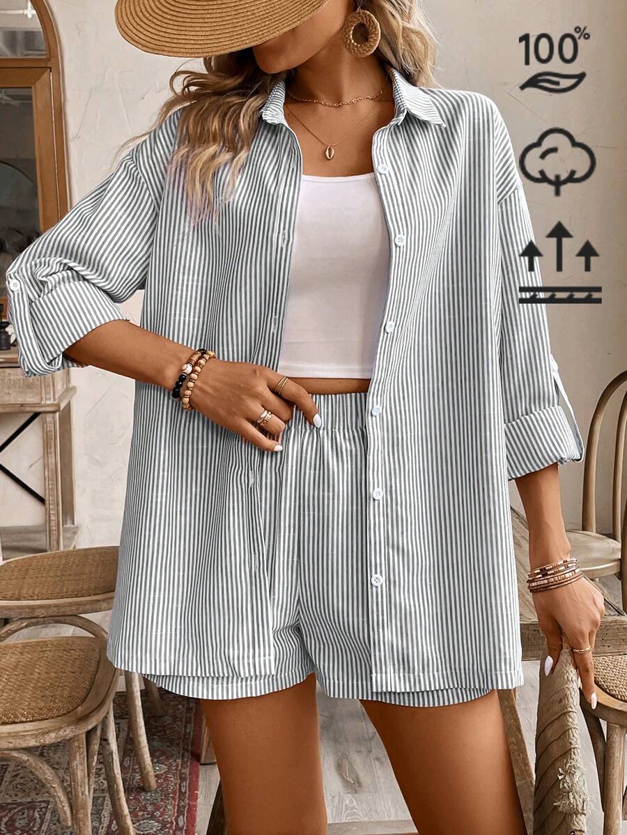 SHEIN Frenchy 2pcs/Set Vacation Casual Striped Long Sleeve Shirt & Shorts Winter - Dark Grey - View 1