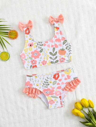 SHEIN Bộ bikini họa tiết hoa chắp vá màu hồng xếp nếp trang trí hình bướm cho bé gái