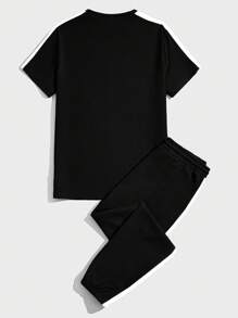 Manfinity BRENVOR 2 Pieces Men Casual Knit Side Tape Patchwork Fitted Crew Neck Tee & Drawstring Waist Jogger Pants Set Summer Outfit, Suitable For Daily Wear - Black and White - View 2
