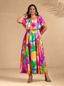 Breezaya Plus Size Women Floral Print Off Shoulder Vacation Casual Dress - Multicolor - View 6