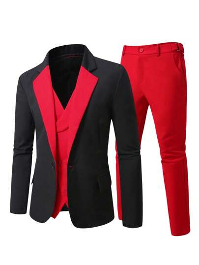 Manfinity Mode Büyük Beden Erkek 3 Parça Takım Elbise: Renk Bloklu Uzun Kollu Ceket, Tek Sıra Yelek ve Pantolon