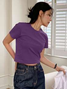 DAZY Kaos Wanita Polos Lengan Pendek Leher Bulat Kasual Serbaguna - Violet Purple - View 4