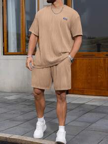 Manfinity Homme 2pcs/Set Plus Size Men Letter Printed Round Neck Short Sleeve T-Shirt And Shorts Set - Khaki - View 3