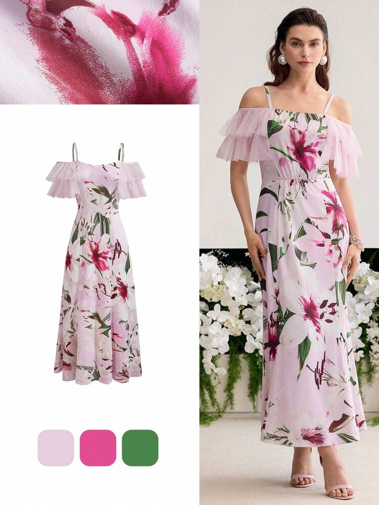 FLORAL PRINT RUFFLE TRIM DRESS