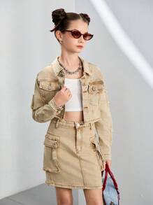 TWEEN GIRL Y2K Streetwear Bleached Denim Mini Skirt & Ripped Hem Crop Denim Jacket Set, Versatile & Fashion Staple Denim Pieces For All Year Round Wear - Khaki - View 4