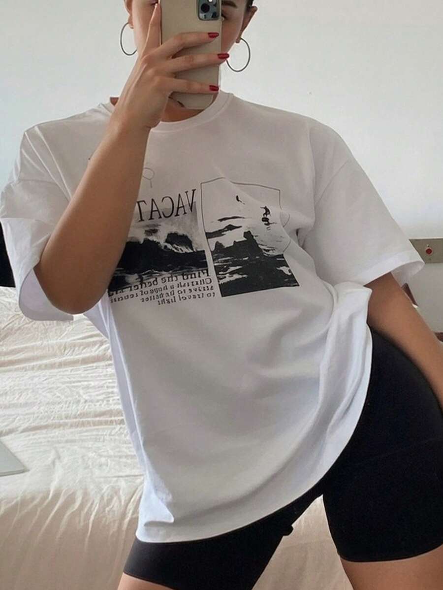 Dazy Plus Graphic Print Loose Round Neck Short Sleeve White T-Shirt, Spring/Summer - White - View 1