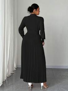 Elenzga 女式大码优雅纯色衬衫领收腰纽扣褶皱面料长袖连衣裙，秋冬 - 黑色 - 查看 2