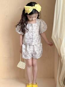 DAZY Set de 2 piezas de top de manga corta con cuello cuadrado y shorts para niñas, verano - Celeste - Ver 5