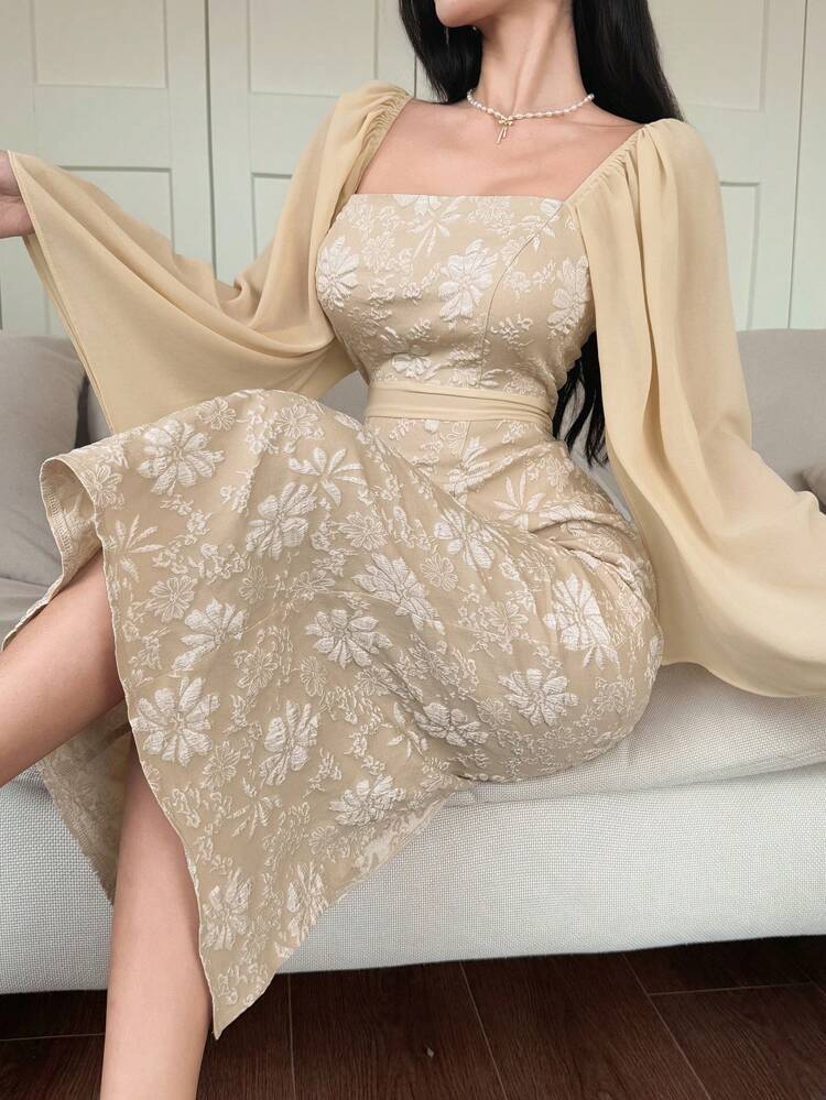 Women's Elegant Long Sleeve Midi Dress With Jacquard Square Collar, Suitable For Spring/Fall Events Elegant,Formal Women Dresses Luxury Prom Dress
