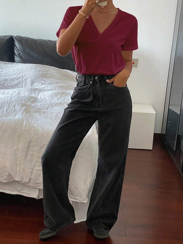 Women's Casual Solid Color Deep V-Neck Short Sleeve Loose T-Shirt, Summer,Business Casual Women