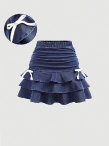 SHEIN Girlism Tween Girls Y2K Stonewashed Snug Fit Skirt With Layer And Bowknot Detailed, Girls Summer Beach Boho Holiday Cute Denim Skirt, Girls Summer Graduation Concert Rave Festival Holiday Outfits