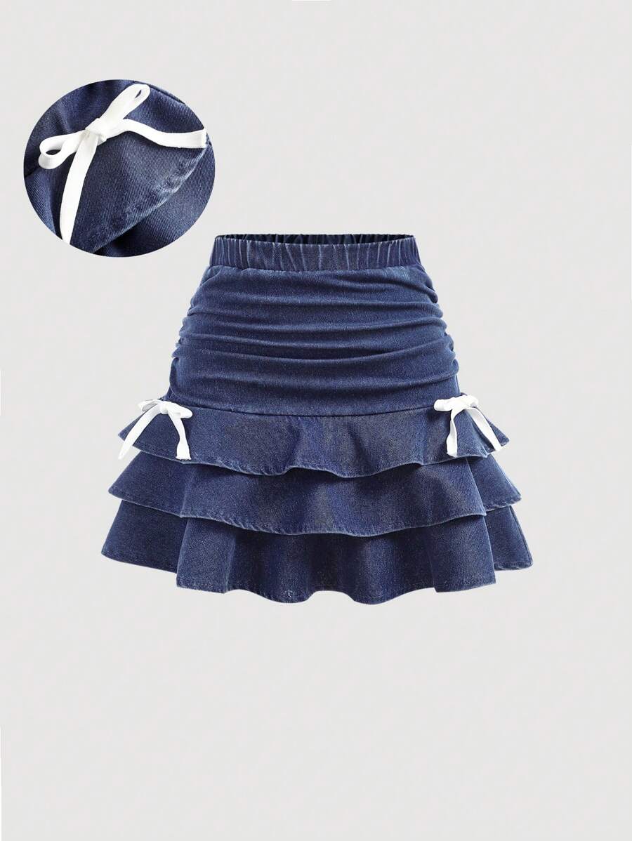SHEIN Girlism Tween Girls Y2K Stonewashed Snug Fit Skirt With Layer And Bowknot Detailed, Girls Summer Beach Boho Holiday Cute Denim Skirt, Girls Summer Graduation Concert Rave Festival Holiday Outfits