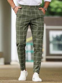 Manfinity Homme Men's Casual Plaid Tapered Suit Pants, Men Green Checkered Olive For Ceremony Formal - Multicolor - View 4