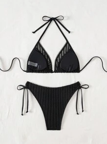 Swim SXY Women's Sexy Mesh Fabric Solid Color Triangle Cup Halter Tie Bow Bikini Swimwear Set, Beach Summer Outfits - Black - View 8