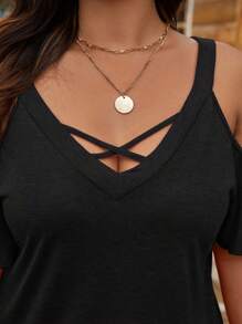 SHEIN LUNE Plus Size Casual Solid Color Open Shoulder Camisole T-Shirt Summer - Black - View 6