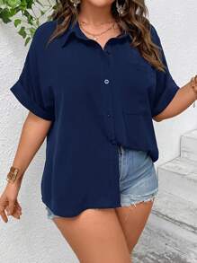 SHEIN LUNE Plus Size Women's Solid Color Batwing Sleeve Casual Blouse Summer Mother Day Simple & Fashionable - Navy Blue - View 6