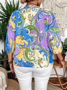 Plus Size Paisley Print Notched Neck Casual Holiday Shirt - Blue - View 2