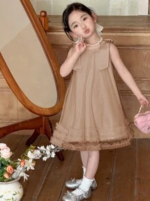 DAZY 年轻女孩纯色系肩网眼下摆无袖派对连衣裙 - 橘色 - 查看 6