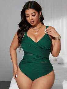 Swim Lushoire Plus Size Women's Cross-Over Color Block Mesh Patchwork One-Piece Swimsuit, Summer Beach Resort