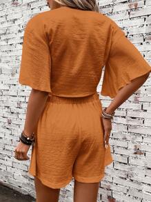 SHEIN Clasi Twist Front Butterfly Sleeve Crop Top & Shorts Two Pieces Set - Orange - View 2