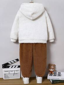 2pcs/Set Young Boys Casual School Style Comfortable & Fashionable Simple Cute Bear Cartoon Pattern Fleece Thick Warm Sweatshirt And Pants Outfit, Suitable For Kids Back To School, Young Boys Daily Wear, School Outfits, Suitable For Casual, School, Outdoor, Sports, Autumn Winter Season