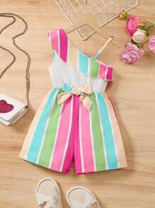 New Young Girls Party One-Shoulder Ruffled Wide Leg Romper, Rainbow Print Casual High Waist Slim Romper - White - View 1