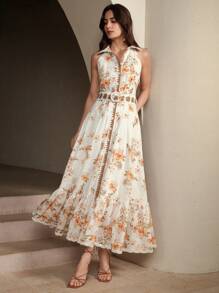 Anewsta Vestido de mujer elegante y romántico con volantes en el bajo, sin mangas, con estampado floral, para vacaciones/citas, atuendo casual para primavera/verano, ideal para festivales y vacaciones
