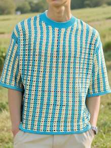 Manfinity CasualKnits 男士圆领短袖条纹镂空简约休闲针织上衣 - 彩色 - 查看 1