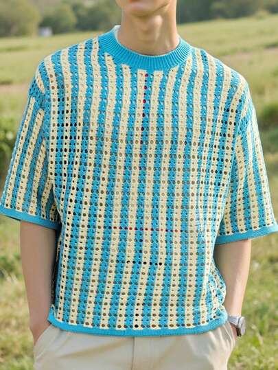 Manfinity CasualKnits 男士圆领短袖条纹镂空简约休闲针织上衣