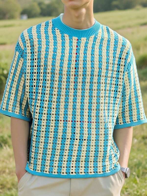 Manfinity CasualKnits Men's Round Neck Short Sleeve Striped Casual Hollow Out Loose Knit Top, Suitable For Summer