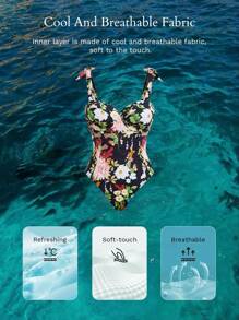 MOTF PREMIUM FLORAL PRINT TIE SHOULDER ONE-PIECE SWIMSUIT FOR SUMMER BEACH VACATION - Multicolor - View 8