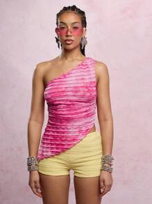 SUMWON WOMEN One Shoulder Ruched Summer Top Asymmetric Bodycon Party Club Festival Statement Metallic Accessories Y2K Fashion - Hot Pink - View 7