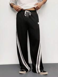 Manfinity VCAY Unisex Casual Knitted Drawstring Wide Leg Straight Sweatpants, Suitable For Daily Wear - Black - View 6