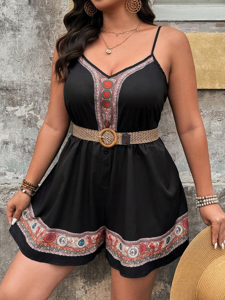 SHEIN LUNE 大码女式印花拼布吊带背心连体衣 - 彩色 - 查看 1