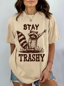 Calvaya 大码女式休闲可爱浣熊印花短袖 T 恤 - 白色 - 查看 4