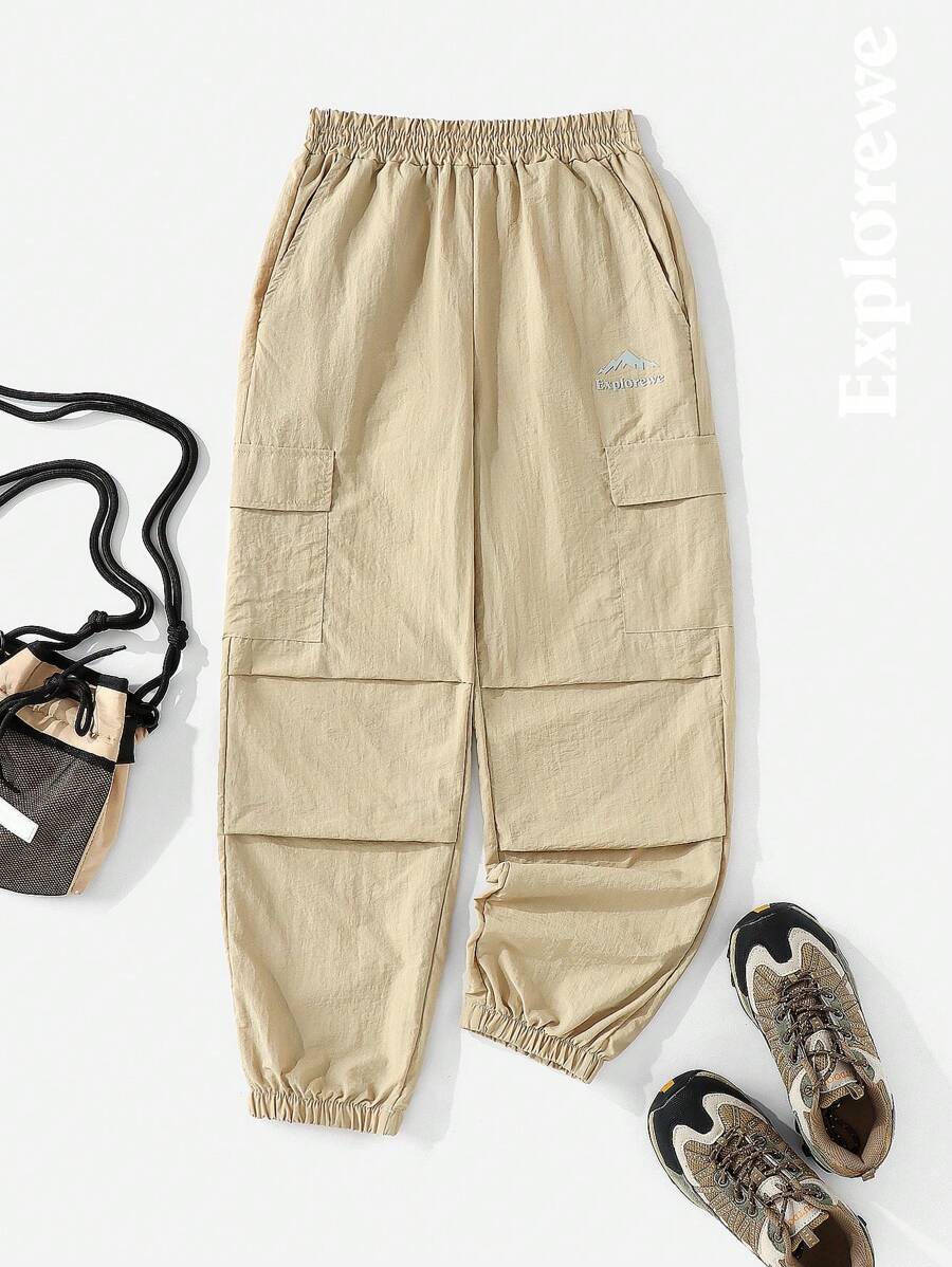 1pc Girls Loose Casual Multi-Pleated Reflective Graphic Outdoor Drawstring Pants, Suitable For Outdoor, Spring/Summer - Khaki - View 1