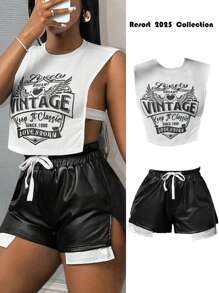 Slaydiva Nouveau débardeur de rue décontracté printemps et été à col rond sans manches avec logo blanc imprimé ailes anglaises sur les côtés tronqués et perforés. Jeu de deux pièces femmes comprenant ce top et une mini-jupe bicolore noire et blanche en PU ajustée - Multicolore - Voir 9