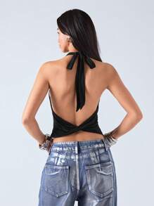 LYSMO Women Solid Color Halter Cropped Fashion Tank Top - Black - View 2
