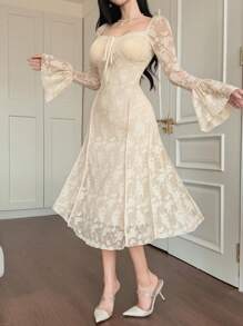 DAZY 女士中长蕾丝喇叭袖连衣裙，荷叶边，正式女士连衣裙，秋季连衣裙，长袖连衣裙，舞会礼服，优雅女士连衣裙 - 杏色 - 查看 3