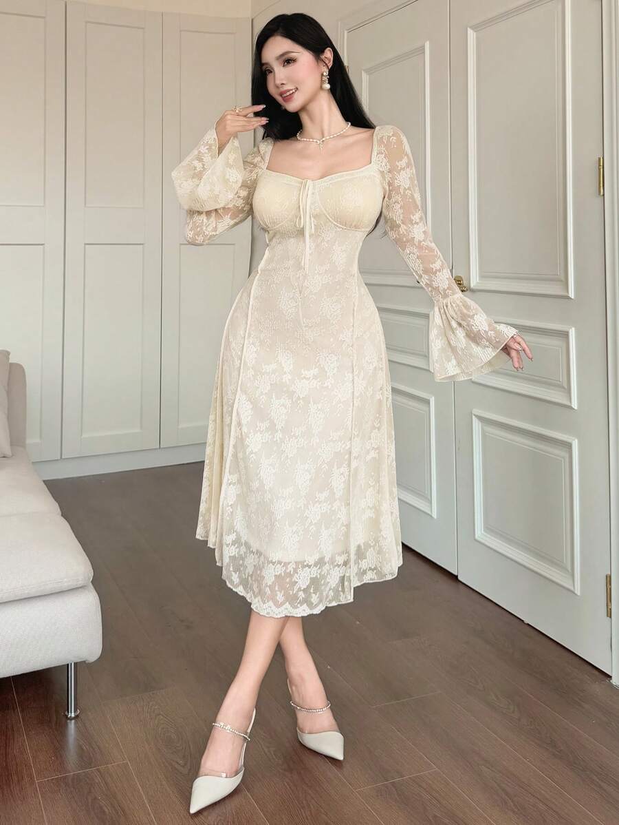 DAZY 女士中长蕾丝喇叭袖连衣裙，荷叶边，正式女士连衣裙，秋季连衣裙，长袖连衣裙，舞会礼服，优雅女士连衣裙 - 杏色 - 查看 1