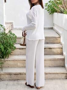 EURMUSE Light Green Tie-Front Cardigan And Pants Set - Beige - View 3