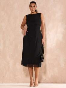 SHEIN BAE 大码女式春夏黑色网眼优雅中长款紧身 A 字形针织连衣裙，适合毕业典礼、婚礼、法式风格、晚礼服、生日派对、伴娘、简约优雅礼服、婚礼宾客礼服、迷你鸡尾酒会礼服 - 黑色 - 查看 4