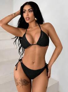 Swim SXY Women's Sexy Mesh Fabric Solid Color Triangle Cup Halter Tie Bow Bikini Swimwear Set, Beach Summer Outfits - Black - View 3