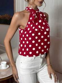 SHEIN Privé Women's Elegant Office Commute Polka Dot Print Halter Shirt