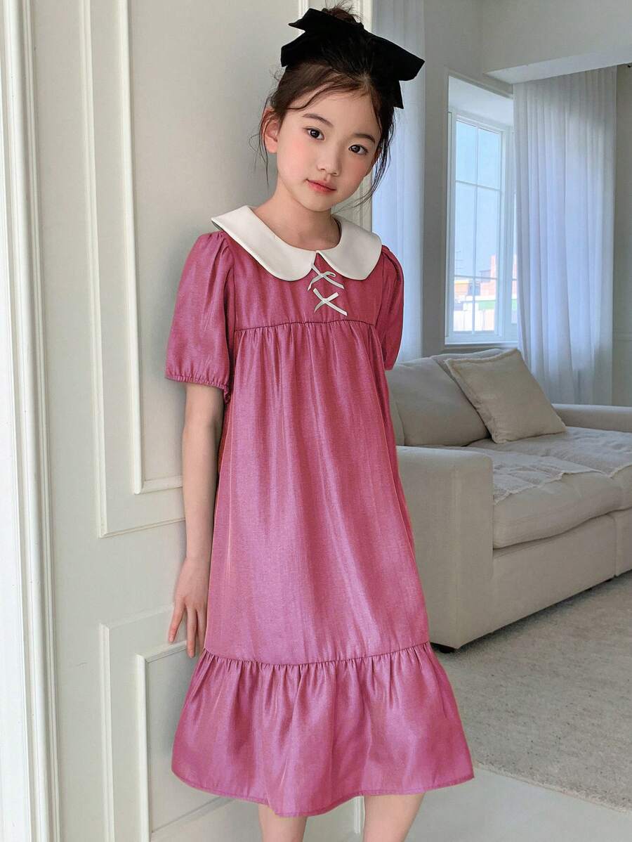 DAZY Gaun Lengan Pendek Tenun Motif Wajah Boneka dan Pita Warna Kontras untuk Anak Perempuan, Musim Panas, Pakaian Kembali ke Sekolah - Hot Pink - View 1